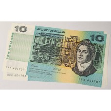AUSTRALIA 1991 . TEN 10 DOLLARS BANKNOTES . FRASER/COLE . CONSEC PAIR . LAST PREFIX MRR